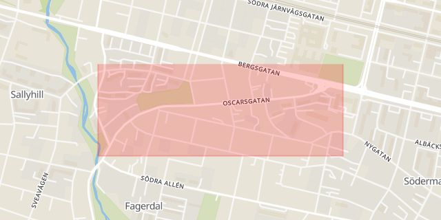 Karta som med röd fyrkant ramar in Allsta, Klingsta, Oscarsgatan, Sundsvall, Västernorrlands län