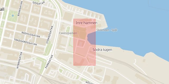 Karta som med röd fyrkant ramar in Inre Hamnen, Kolvägen, Sundsvall, Västernorrlands län