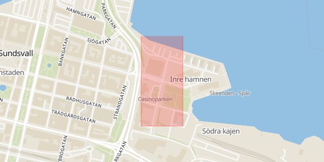 Karta som med röd fyrkant ramar in Inre Hamnen, Sundsvall, Västernorrlands län