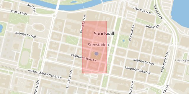 Karta som med röd fyrkant ramar in Stenstan, Stadshuset, Sundsvall, Västernorrlands län