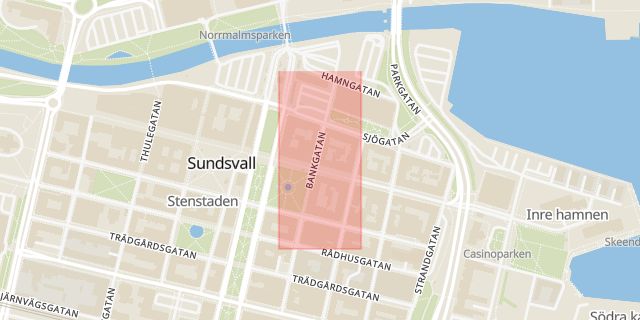 Karta som med röd fyrkant ramar in Apoteket Gripen, Storgatan, Sundsvall, Västernorrlands län