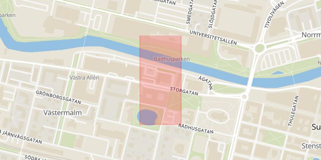 Karta som med röd fyrkant ramar in Skatteverket, Storgatan, Sundsvall, Västernorrlands län