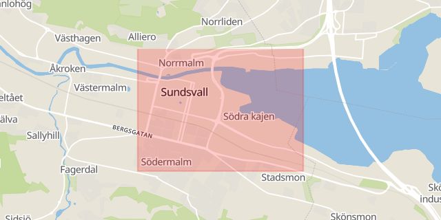 Karta som med röd fyrkant ramar in Sundsvall, Matfors, Timrå, Stenstaden, Skönvik, Västernorrland län, Västernorrlands län