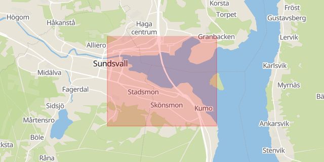 Karta som med röd fyrkant ramar in Sundsvall, Esplanaden, Stenstan, Kramfors, Landsvägsallén, Timrå, Stavreviken, Örnsköldsvik, Björnavägen, Västernorrland län, Västernorrlands län