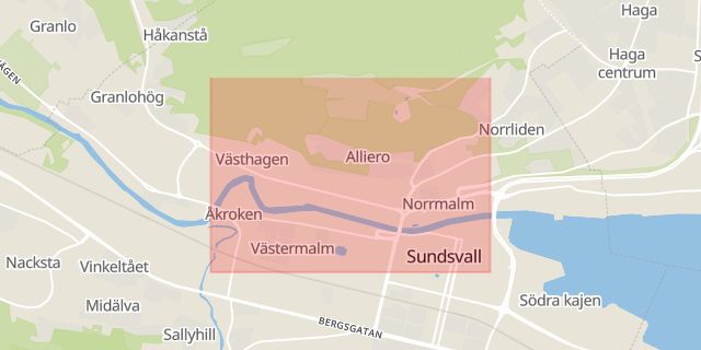 Karta som med röd fyrkant ramar in Norrmalm, Sundsvall, Västernorrlands län