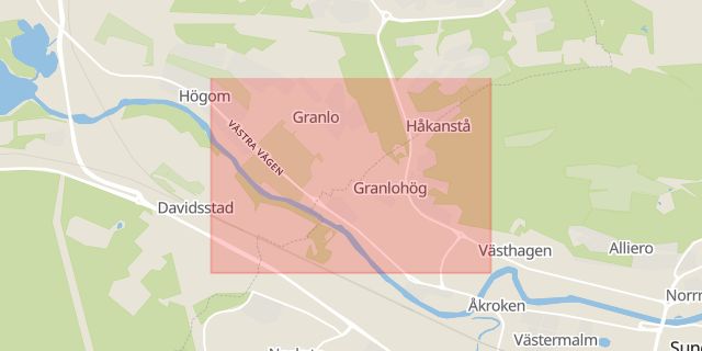 Karta som med röd fyrkant ramar in Granlo, Sundsvall, Västernorrlands län