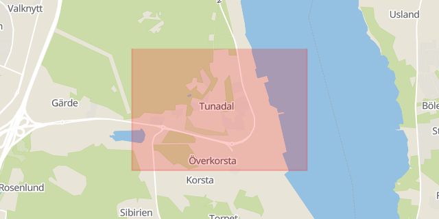 Karta som med röd fyrkant ramar in Färjelägret, Tunadal, Sundsvall, Västernorrlands län