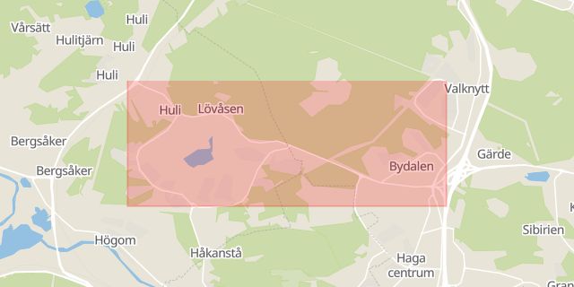 Karta som med röd fyrkant ramar in Hulivägen, Sundsvall, Västernorrlands län