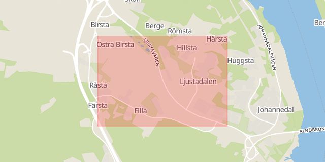 Karta som med röd fyrkant ramar in Ljustadalen, Sundsvall, Västernorrlands län