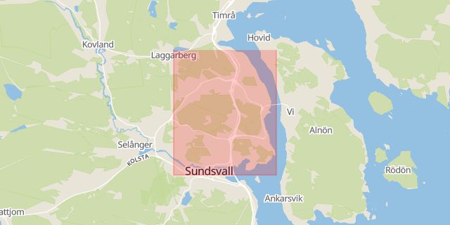 Karta som med röd fyrkant ramar in Södermalm, Sundsvall, Skönsberg, Västernorrlands län