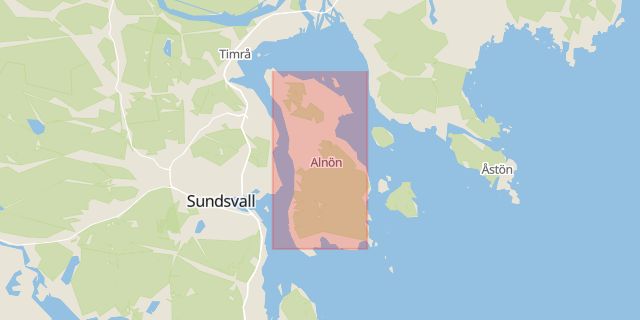 Karta som med röd fyrkant ramar in Alnön, Sundsvall, Västernorrlands län