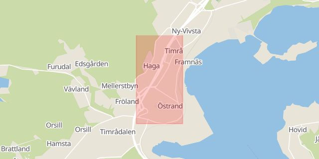 Karta som med röd fyrkant ramar in Järnvägsgatan, Timrå, Västernorrlands län