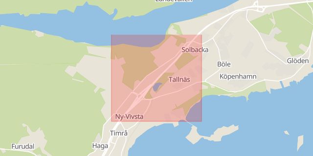 Karta som med röd fyrkant ramar in Vivsta, Terminalvägen, Timrå, Västernorrlands län