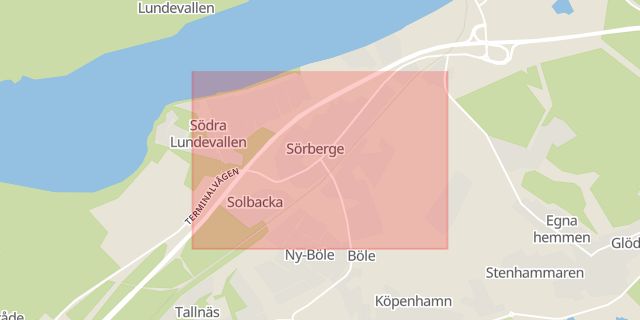 Karta som med röd fyrkant ramar in Sörberge, Timrå, Västernorrlands län