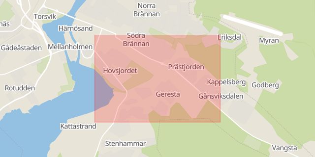 Karta som med röd fyrkant ramar in Geresta, Härnösand, Västernorrlands län