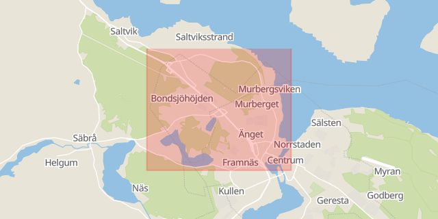 Karta som med röd fyrkant ramar in Bondsjöstaden, Härnösand, Västernorrlands län