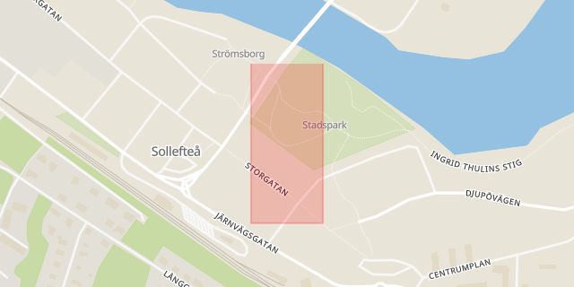 Karta som med röd fyrkant ramar in Stadsparken, Sollefteå, Västernorrlands län