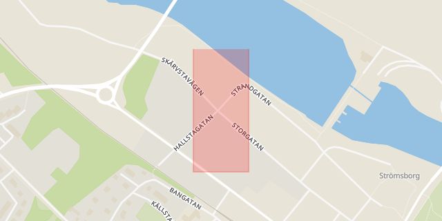 Karta som med röd fyrkant ramar in Storgatan, Strandgatan, Sollefteå, Västernorrlands län