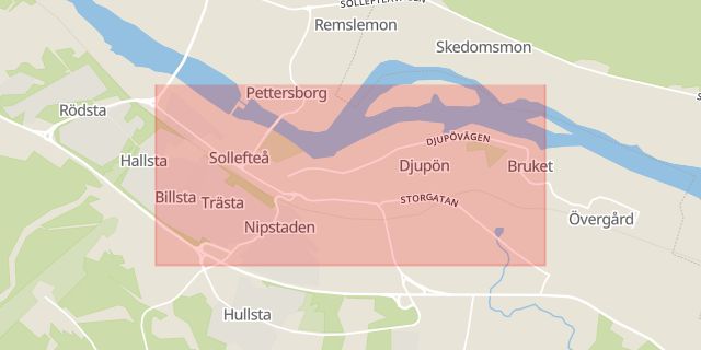 Karta som med röd fyrkant ramar in Storgatan, Sollefteå, Västernorrlands län