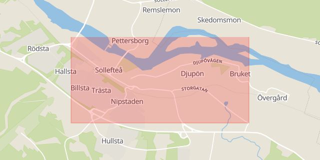 Karta som med röd fyrkant ramar in Storgatan, Sollefteå, Västernorrlands län