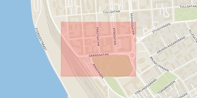 Karta som med röd fyrkant ramar in Gränsgatan, Östersunds Centrum, Östersund, Jämtlands län