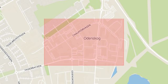 Karta som med röd fyrkant ramar in Chaufförvägen, Östersund, Jämtlands län