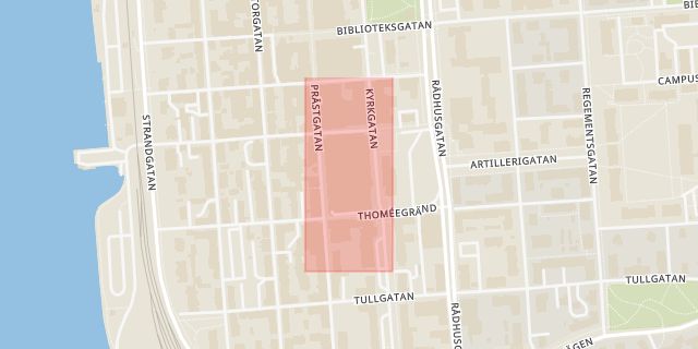 Karta som med röd fyrkant ramar in Kyrkogatan, Coop Konsum, Östersund, Jämtlands län