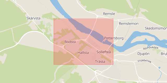 Karta som med röd fyrkant ramar in Långgatan, Sollefteå, Västernorrlands län