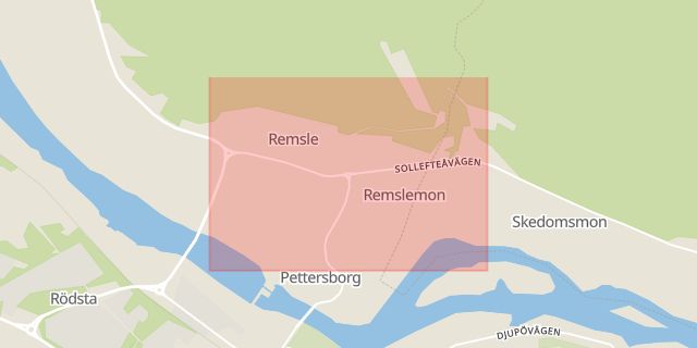 Karta som med röd fyrkant ramar in Remsle, Sollefteå, Västernorrlands län