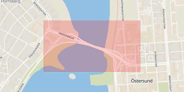 Karta som med röd fyrkant ramar in Frösöbron, Östersund, Kyrkås, Hede, Jämtlands län