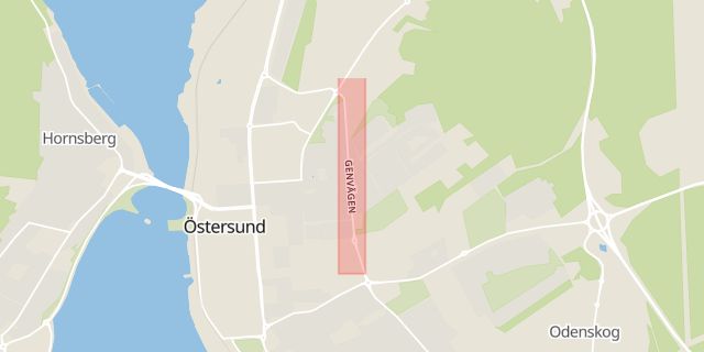 Karta som med röd fyrkant ramar in Genvägen, Karlslund, Östersund, Jämtlands län