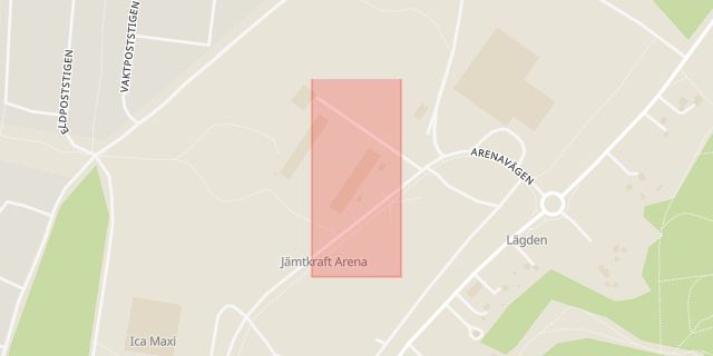 Karta som med röd fyrkant ramar in Jämtkraft Arena, Östersund, Jämtlands län