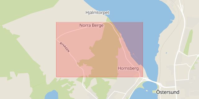 Karta som med röd fyrkant ramar in Bergsgatan, Frösön, Jämtland, Jämtlands län