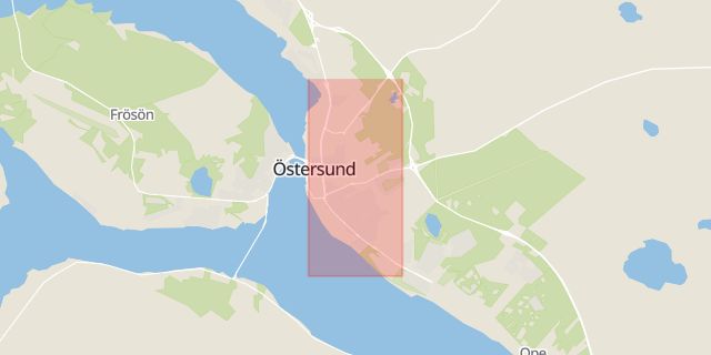 Karta som med röd fyrkant ramar in Rådhusgatan, Östersund, Jämtlands län