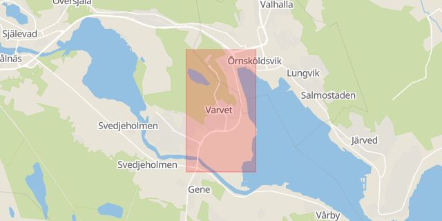 Karta som med röd fyrkant ramar in Själevad, Modovägen, Hörnett, Örnsköldsvik, Västernorrlands län