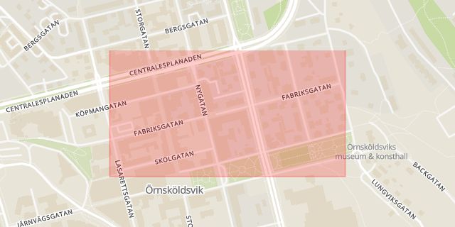 Karta som med röd fyrkant ramar in Fabriksgatan, Örnsköldsvik, Västernorrlands län