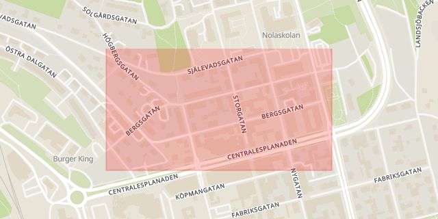 Karta som med röd fyrkant ramar in Bergsgatan, Örnsköldsvik, Västernorrlands län
