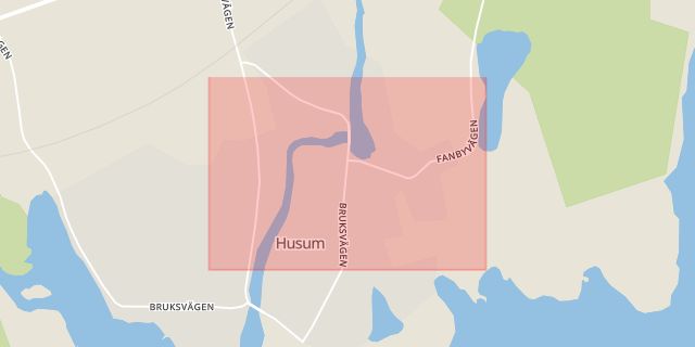 Karta som med röd fyrkant ramar in Husum, Fanbyn, Örnsköldsvik, Västernorrlands län