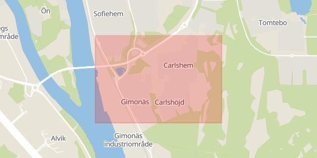 Karta som med röd fyrkant ramar in Carlshem, Umeå, Västerbottens län