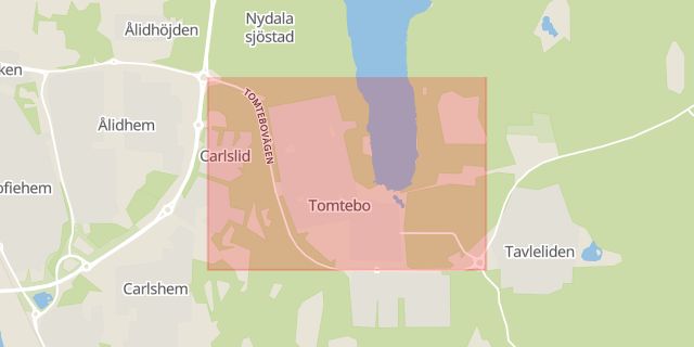 Karta som med röd fyrkant ramar in Tomtebo, Umeå, Västerbottens län