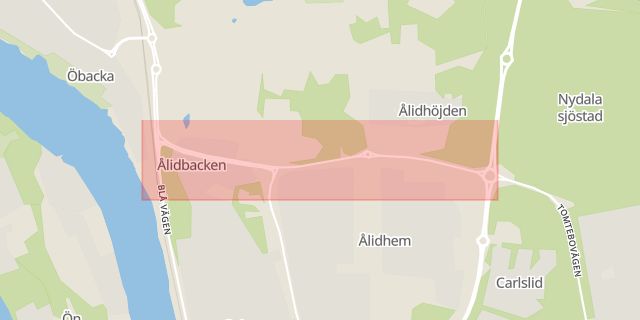 Karta som med röd fyrkant ramar in Ålidbacken, Umeå, Västerbottens län