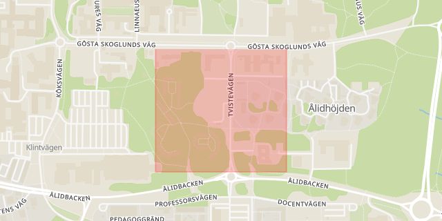 Karta som med röd fyrkant ramar in Tvistevägen, Umeå, Västerbottens län