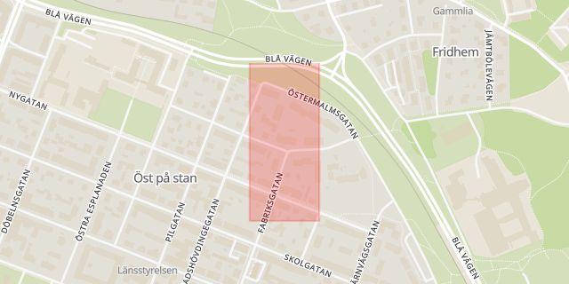 Karta som med röd fyrkant ramar in Öst På Stan, Umeå, Västerbottens län