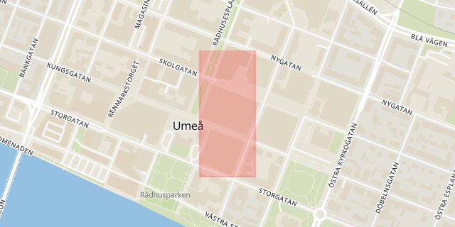 Karta som med röd fyrkant ramar in Utopia, Umeå