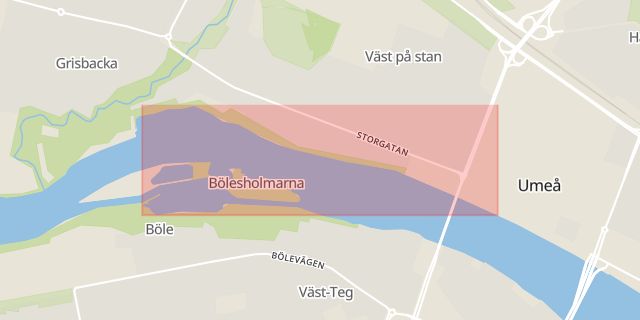 Karta som med röd fyrkant ramar in Kyrkbron, Strandpromenaden, Umeå, Västerbottens län