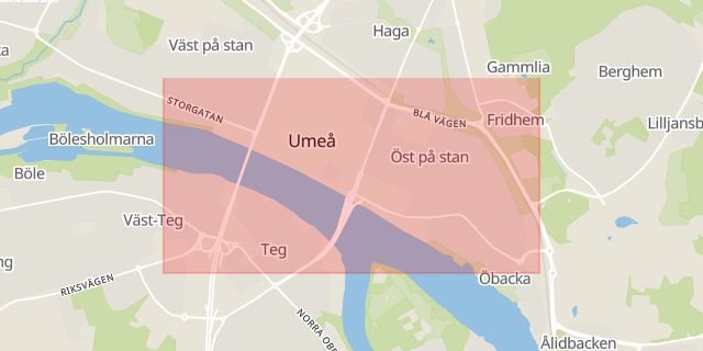 Karta som med röd fyrkant ramar in Kungsgatan, Umeå, Västerbottens län