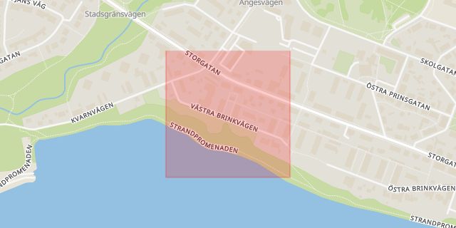 Karta som med röd fyrkant ramar in Väst På Stan, Västra Brinkvägen, Strandpromenaden, Umeå, Västerbottens län