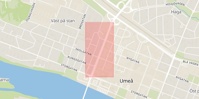 Karta som med röd fyrkant ramar in Västra Esplanaden, Umeå, Västerbottens län