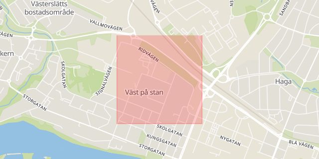Karta som med röd fyrkant ramar in Väst På Stan, Ridvägen, Umeå, Västerbottens län