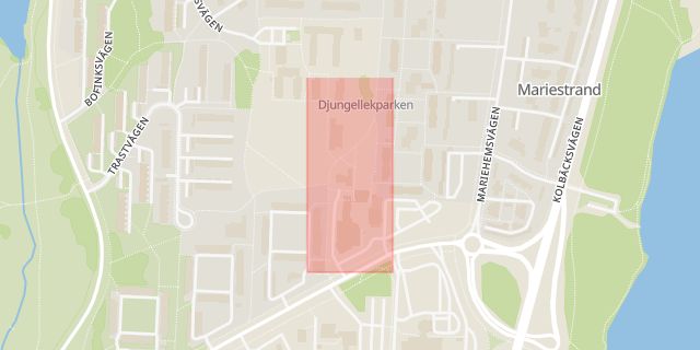 Karta som med röd fyrkant ramar in Mariehem, Mariehems Centrum, Mariaskolan, Umeå, Västerbottens län